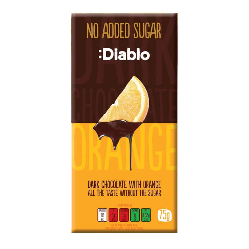 Diablo لوح شوكولاتة داكنة بالبرتقال بدون سكر مضاف 75غ