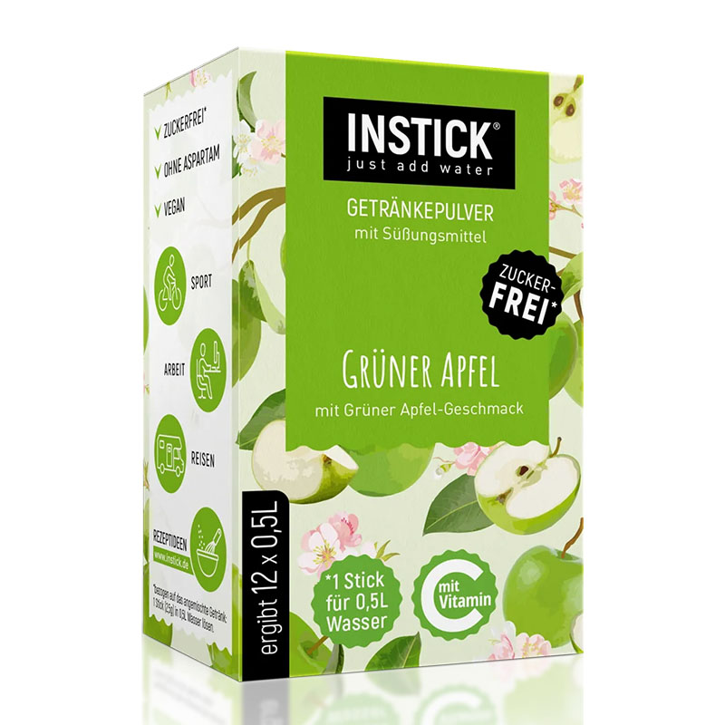 InStick مسحوق شراب بدون سكر بطعم التفاح 12 كيس 30غ