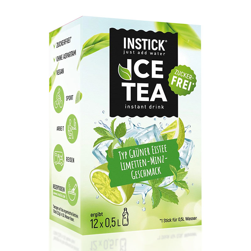 InStick مسحوق شاي بارد بدون سكر بطعم الليمون والنعنع 12 كيس 30غ