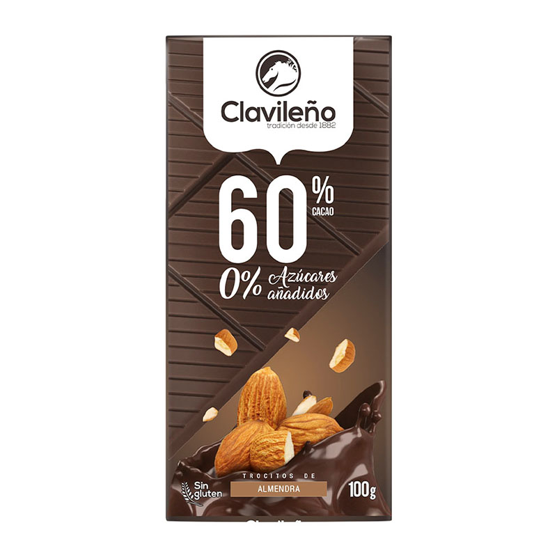 Clavileno لوح شوكولاتة داكنة 60% باللوز بدون سكر 100غ