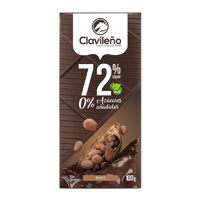 Clavileno لوح شوكولاتة داكنة 72% بدون سكر 100غ