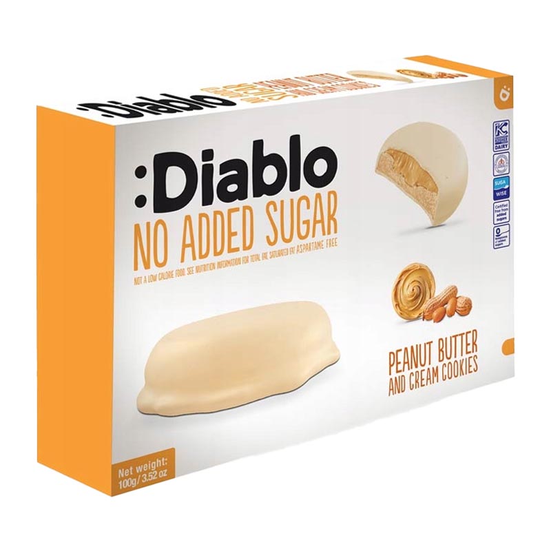 Diablo بسكويت بحشوة زبدة الفستق مطلي بكريمة الحليب بدون سكر 100غ