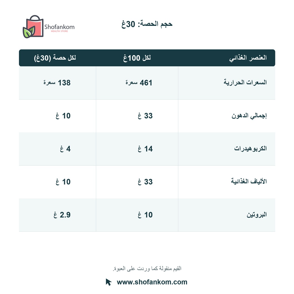 القيم الغذائية لويفر سناك فيت لكل 30غ و100غ
